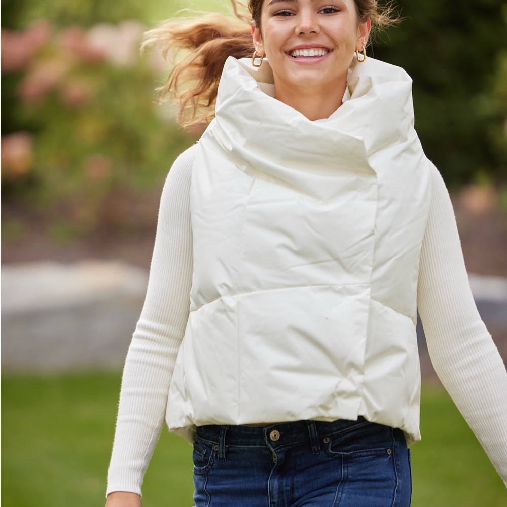 Cropped Cream Puffer Vest with High Wrap Collar